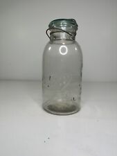 Vintage Drey Ever Seal clear glass jar half gallon wire bale Blue lid picture