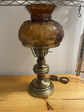 Vintage Mid Century Modern Antiqued brass Hurricane Lamp Amber Glass Shade picture