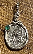 Authentic Spanish-Colonial Half-Real Silver Treasure Cob Coin Pendant w/ Emerald picture
