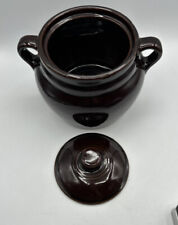 Vintage Stoneware Brown Bean Pot Crock Two Handles W/ Lid Made In The USA picture