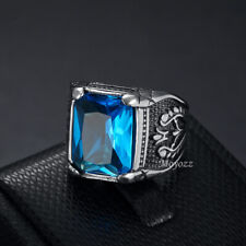 Mens Blue CZ Simulated Onyx Sapphire Stone Ring Stainless Steel Size 7-15 Gift picture