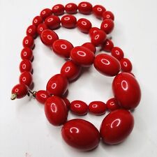 VTG 60s 70s Oblong Beaded Necklace Bright Red Tapered in Size, Unique Hook Clasp picture