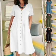 Womens Midi Dress Cotton Linen Ladies V Neck Summer Beach Sundress Plus Size picture