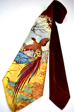 Neck Tie VTG 30s 40s Painted Print Colorful Pheasant Flight Brocade Tie 50