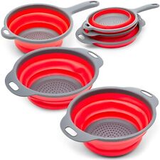 3pc Red Round Rubber Collapsible Kitchen Colander Fruit Vegetable Pasta Strainer picture