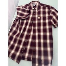 Carhartt Men Shirt Short Sleeve Button Up Maroon Red Plaid Relaxed Fit Medium M picture
