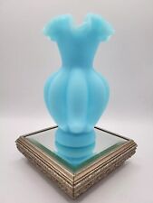 Vintage Fenton Blue Satin Glass Vase Ruffled Crimped Rim picture