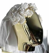 Vintage 1970s 1980s White Floral Spray Cottagecore Wedding Veil Bridal Headpiece picture