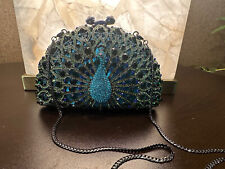 EUC LUX MOB Small Jewel Turquoise Peacock Sparkly Clutch Evening Purse w Strap picture