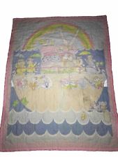 Vintage Noah's Ark Quilted Baby Blanket 80's Nursery Bible Animals Bed Rainbow picture