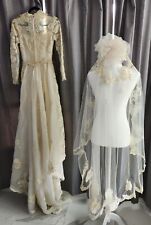 VTG 1960 Victorian  Priscilla Boston Beaded Wedding Dress Cream Lace Satin Veil  picture