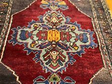 Pre-1900's Antique Natural Dye Wool Pile Tribal Area Rug 3’8'' x 1’10” picture