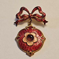 Antique Victorian Red Guilloche Enamel Bow & Medallion Dangle Brooch 1.75 Inches picture