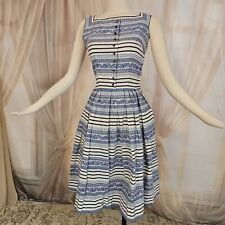 Vintage 1950s Dress Ricrac Paisley Blue Sleeveless Button Up Side Zip Pinup  picture