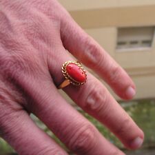 Vintage Round Salmon Red  Coral on Silver 925 Gold Ring- Size 7,5 USA picture
