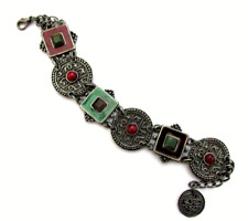 Etched Silver Tone Faux Gemstones Enameled Linked Panel Bracelet Asian Theme picture