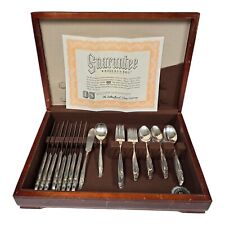 1957 Rogers Bros Reinforced Plate 48pc Flatware MCM Floral Pattern w/ Wood Chest picture