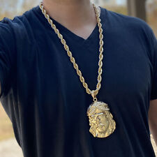 Mens Huge Jumbo Jesus Head Iced CZ Gold Plated Rope Chain Necklace 10MM 30