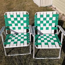 2 Vintage Webbed Aluminum Folding Lawn Chairs Double Shotgun Armrest White Green picture