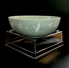 Signed Vintage Korean Celadon Porcelain Crane Motif Lidded Rice Bowls, set of 9 picture