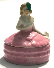 Vintage German Porcelain Dresser Trinket Box Lidded Lady In Pink Dress picture