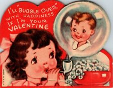 Vtg Die Cut Valentine Greeting Card Little Girl Blows Bubble Pipe Bubble Over picture