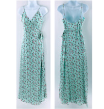 LPA Revolve Silk Maxi Wrap Dress Green Floral Sleeveless Tie Strap Sz S picture