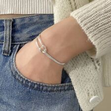 Women Real S925 Sterling Silver 2 Layers Chain Knot Bangle Bracelet 7.5 inches picture