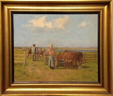 Axel Hansen (1896-1936): TENDING COWS,  original oil painting, listed artist picture