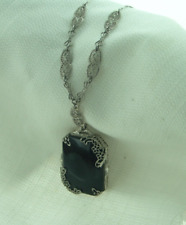 Pretty  Antique Chromium Necklace Filigree with Onyx Dangle picture