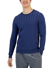 Alfani Mens Stripe Cotton Crewneck Sweater  Navy Blue Small picture