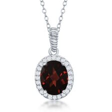Sterling Silver Oval Garnet with White Topaz Border Necklace picture
