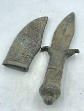 SUPERB ANTIQUE NEAREASTERN OLD BRONZE DECORATED SHORT SWORD WITH RARE COVER 26CM picture