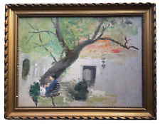 Early 20thC French impressionism Landscape Woman sitting Bench Tree Oil painting picture