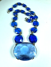 Vintage Necklace Czech Glass Necklace Bead Royal Blue Pendant Faceted picture