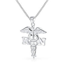 925 Sterling Silver Registered Nurse Symbol Rn Caduceus Pendant Necklace 18