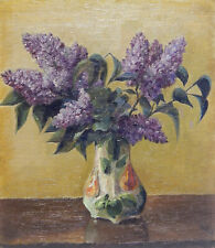 Original Antique Oil Painting Still Life with Lilac Flowers Signed Art 1900s picture
