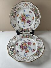 Dresden Flowers Reticulated Plates Antique 10” German Schumann Set Of 2 picture