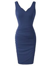 GRACE KARIN Women Sleeveless Deep V Neck Ruched Cocktail Pencil Dress Blue picture