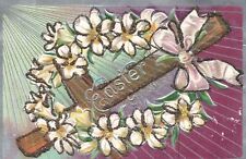 Vintage Postcard Easter Greetings Embossed Flower Petal In Holly Cross Greetings picture