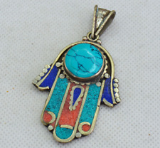 Ancient Antique Victorian Silver Pendant Hamsa With Turquoise Stones Amazing picture