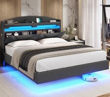 Queen Size Floating Bed Frame with Hidden Storage LED Upholstered Platform Bed picture