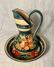 Vtg Italian Pottery Pitcher & Bowl Set 1988 Hand Made & Painted Floral Design 8” picture