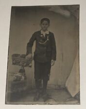 Vintage Tintype Boy Standing w/Hand on Table in Decorated Jacket/Gold Chain/Pin picture