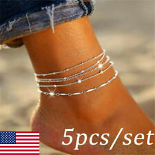 5Pcs 925 Silver Ankle Bracelet Foot Chain Women Beach Anklet Jewelry Gift USA picture
