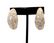 Vtg Rare Crystal Pave' Half Moon Gold Tone Clip On Earrings Nordstrom 80's 1.5