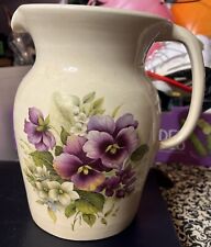 Yesteryears Hand Turned Marshall Texas Pottery 9”Pitcher Purple Flowers picture