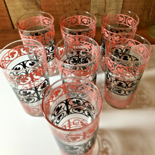Vtg Mid Century Modern Black & Pink Scrolls & Leaves Lg. Tumblers Anchor - 7 pc picture