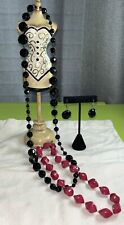 VTG Set of German Glass Bead Earring & 2 1950’s Bead Necklaces Black Pink EUC picture
