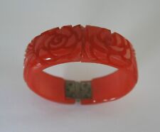 Vintage Carved Semi Translucent Red Bakelite Hinged Clamper Bracelet - Roses picture